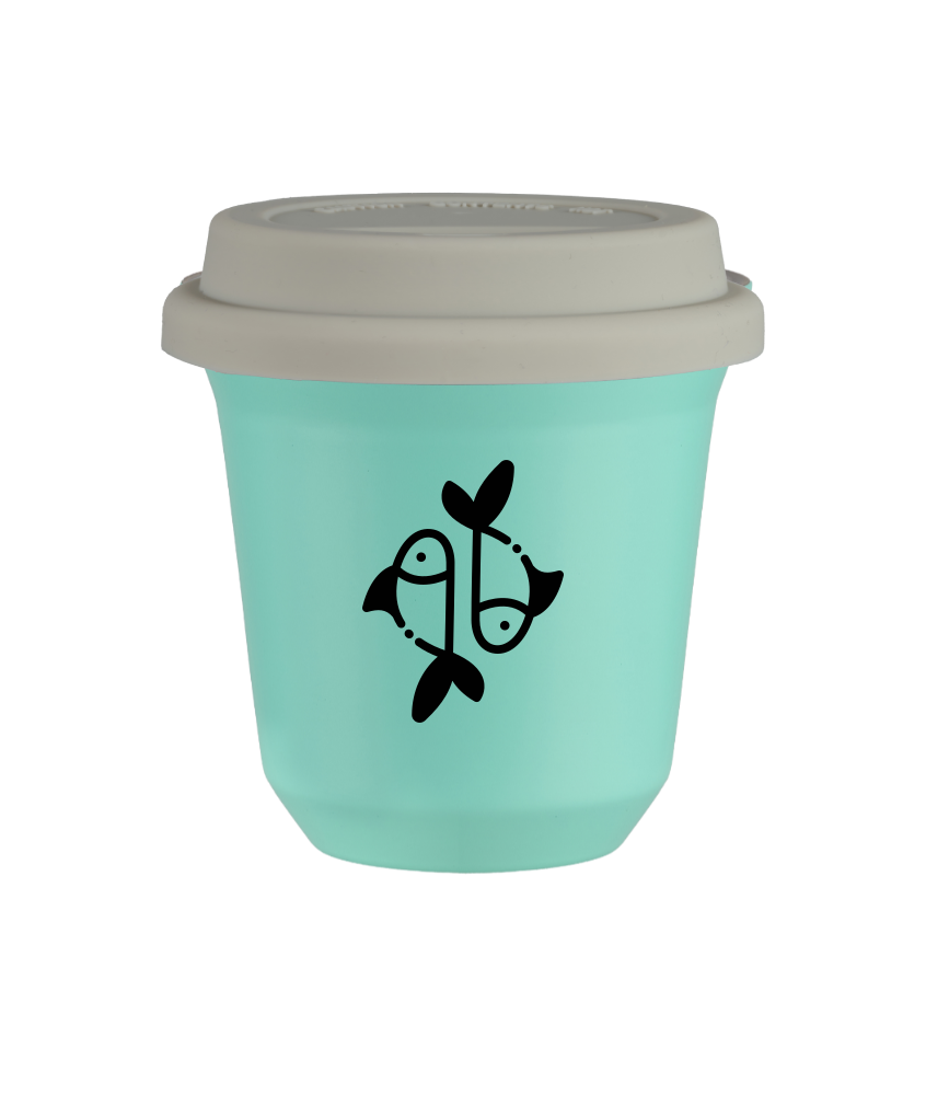 Tasse 80 ml TURQUOISE "Poissons", avec couvercle blanc Tasse 80 ml TURQUOISE "Poissons", avec couvercle blanc