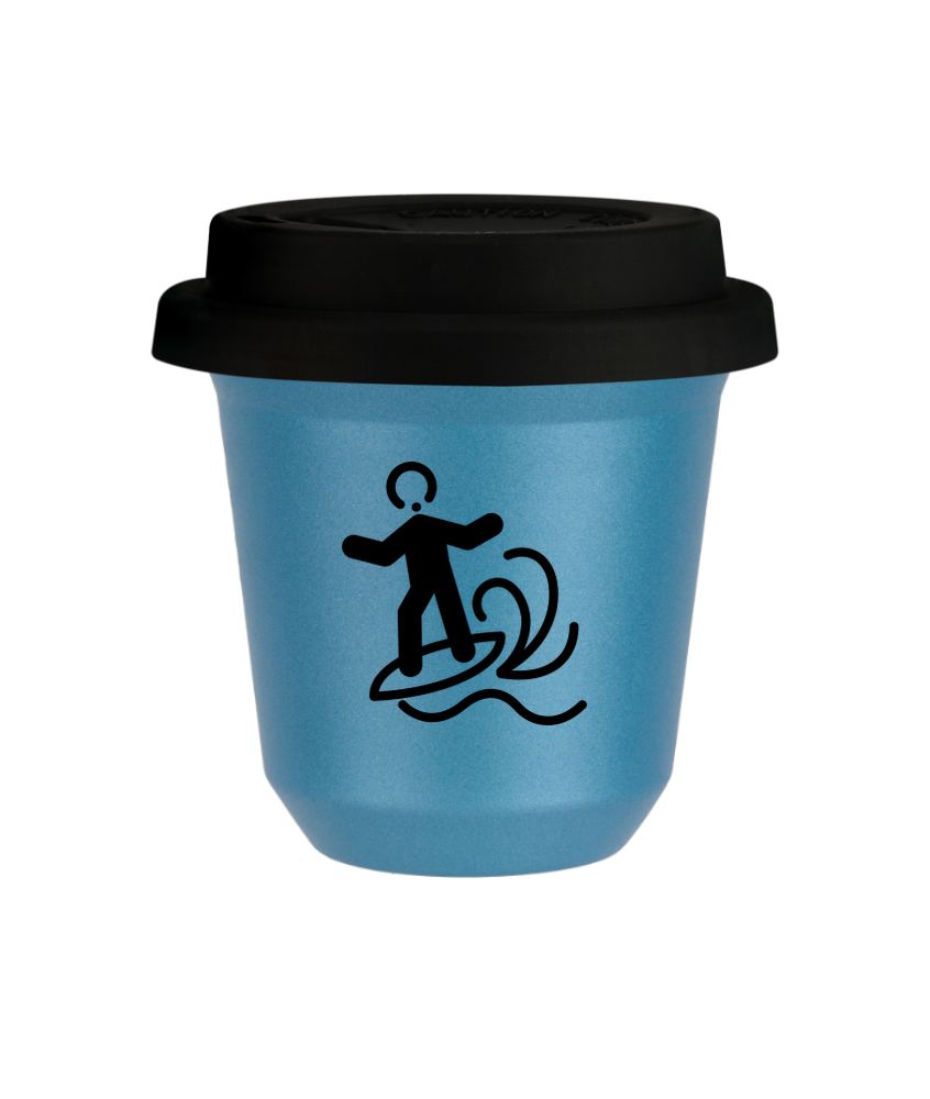 Tasse 80 ml BLEU CLAIR MÉTALLIQUE "Planche à voile (noir)", avec couvercle noir