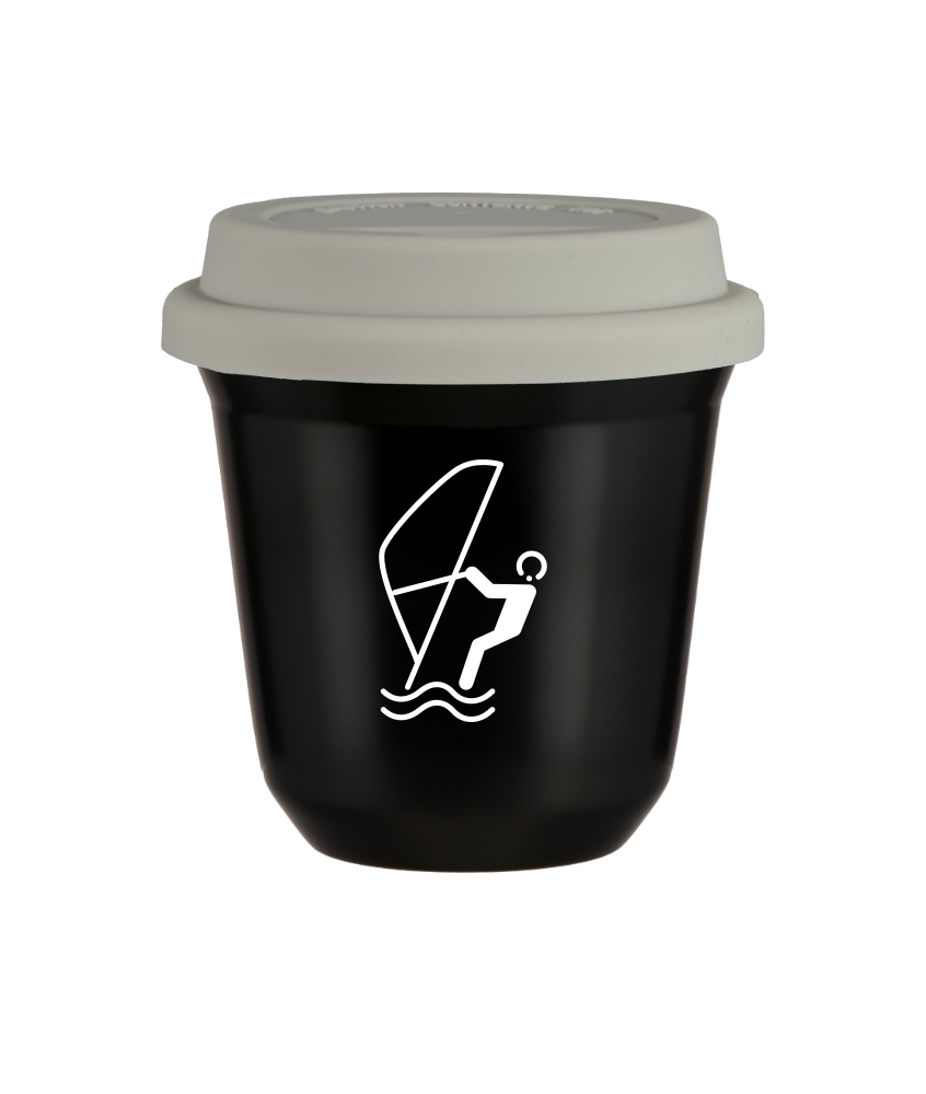 Tasse 80 ml NOIR "Sports nautiques (blanc)", avec couvercle blanc