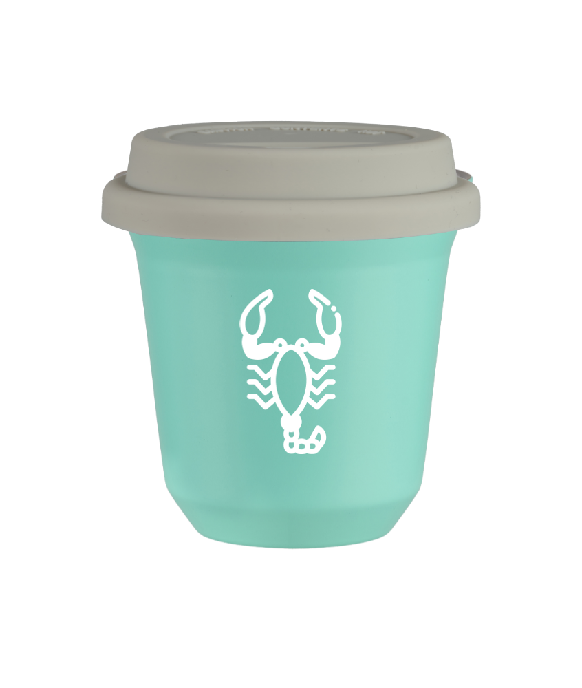 Tasse 80 ml TURQUOISE "Scorpion (blanc)", avec couvercle blanc