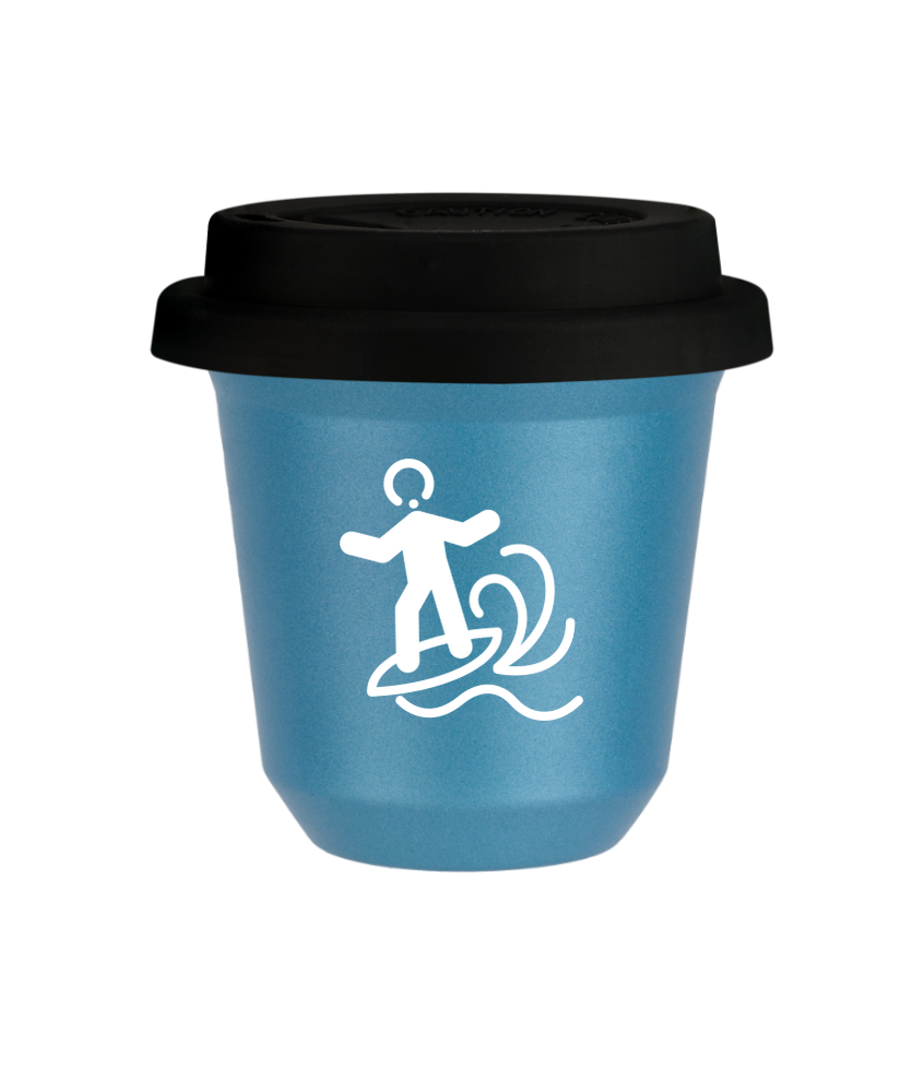 Tasse 80 ml BLEU CLAIR MÉTALLIQUE "Planche à voile (blanc)", avec couvercle noir