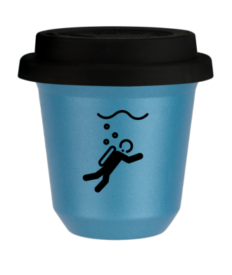 Tasse 80 ml BLEU CLAIR MÉTALLIQUE "Plongée", avec couvercle noir Tasse 80 ml BLEU CLAIR MÉTALLIQUE "Plongée", avec couvercle noir