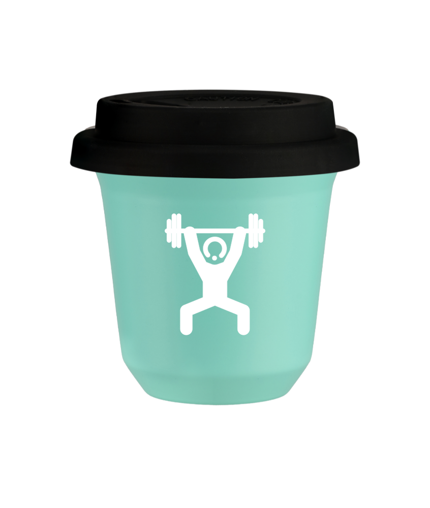 Tasse 80 ml TURQUOISE "Homme fort 1 (blanc)", avec couvercle noir Tasse 80 ml TURQUOISE "Homme fort 1 (blanc)", avec couvercle noir