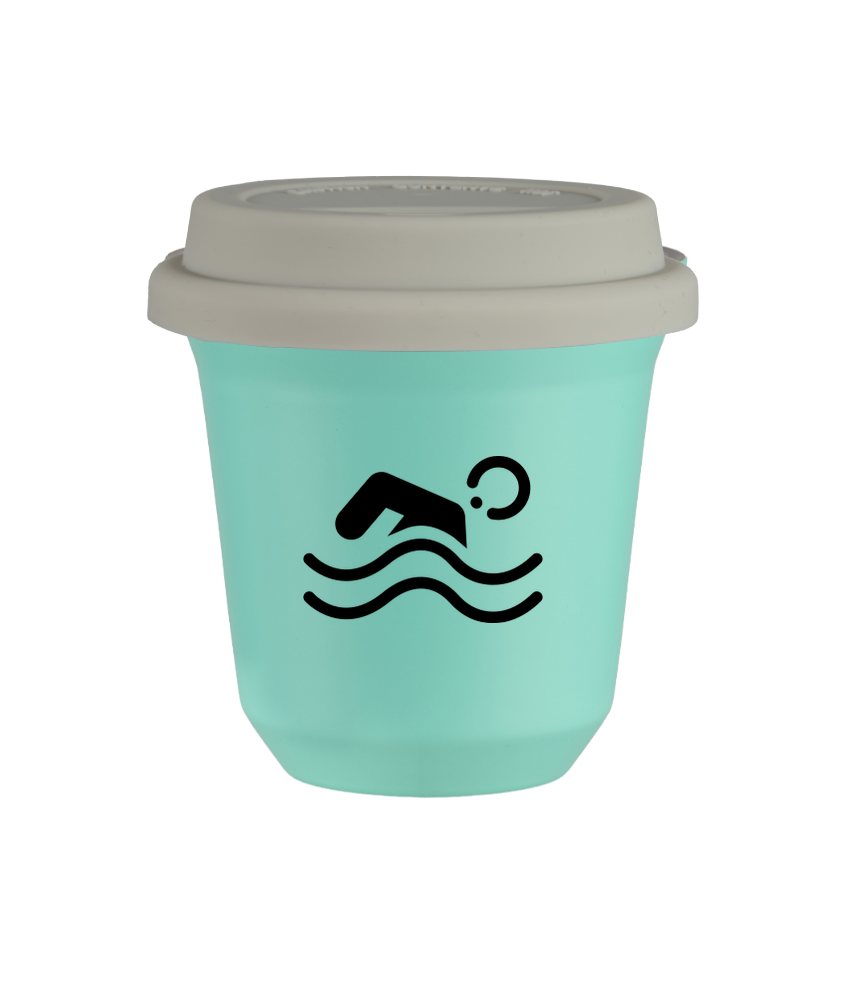 Tasse 80 ml TURQUOISE "Natation", avec couvercle blanc