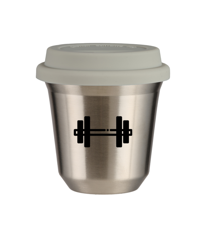 Tasse 80 ml ARGENT "Haltère (noir)", avec couvercle blanc Tasse 80 ml ARGENT "Haltère (noir)", avec couvercle blanc