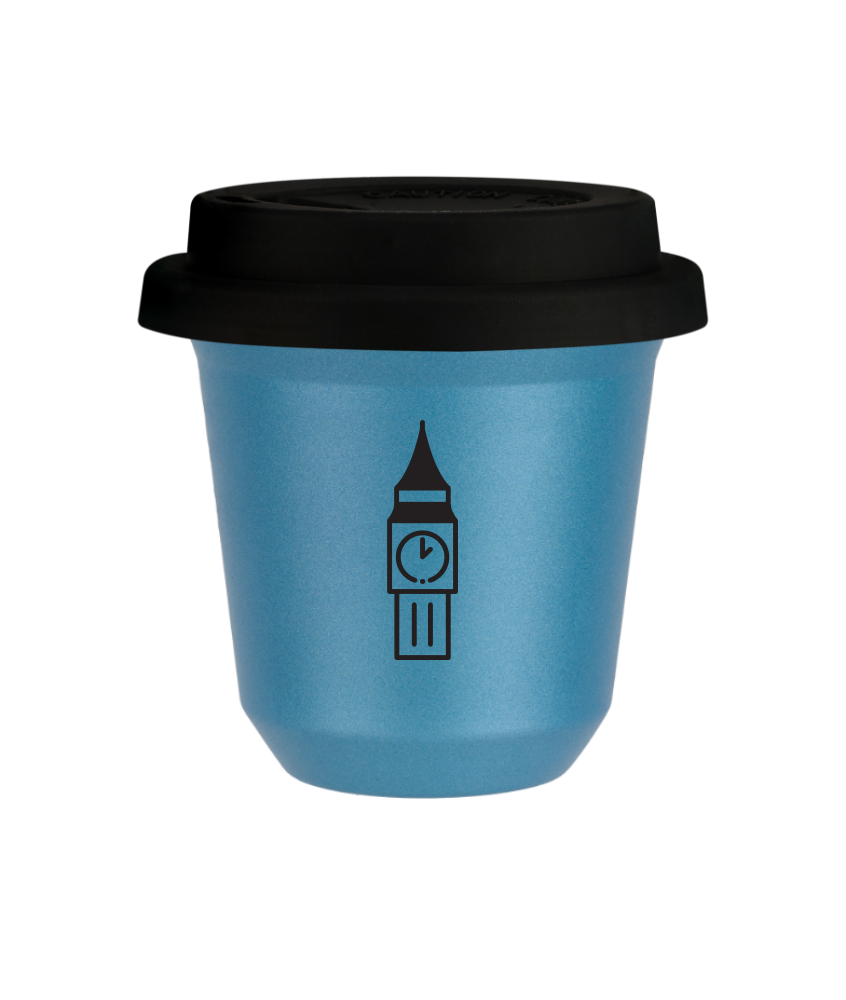 Tasse 80 ml BLEU CLAIR MÉTALLIQUE "BIG BEN (noir)", avec couvercle noir