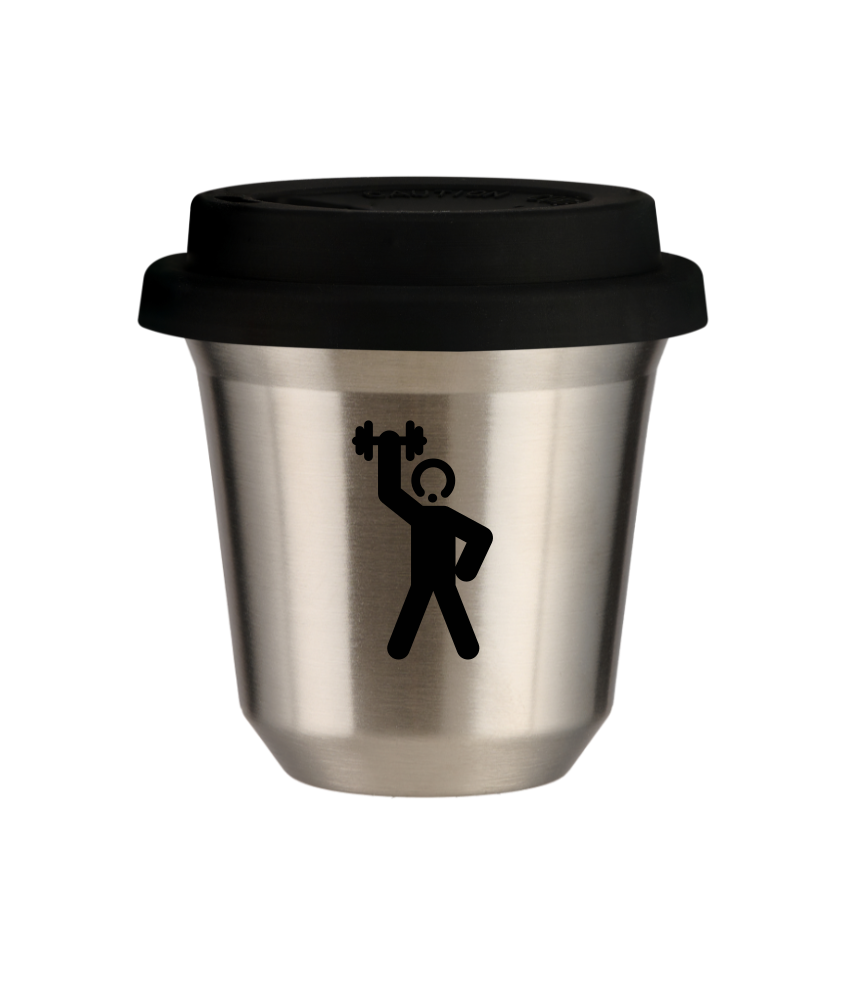 Tasse 80 ml ARGENT "Homme fort 2", avec couvercle noir