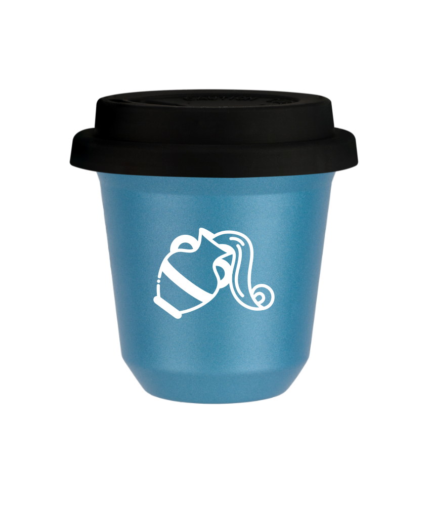 Tasse 80 ml BLEU CLAIR MÉTALLIQUE "Verseau (blanc)", avec couvercle noir Tasse 80 ml BLEU CLAIR MÉTALLIQUE "Verseau (blanc)", avec couvercle noir