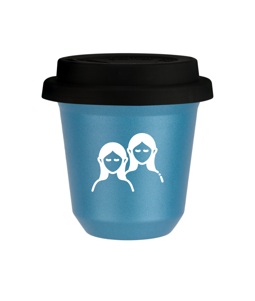 Tasse 80 ml BLEU CLAIR MÉTALLIQUE "Gémeaux (blanc)", avec couvercle noir Tasse 80 ml BLEU CLAIR MÉTALLIQUE "Gémeaux (blanc)", avec couvercle noir