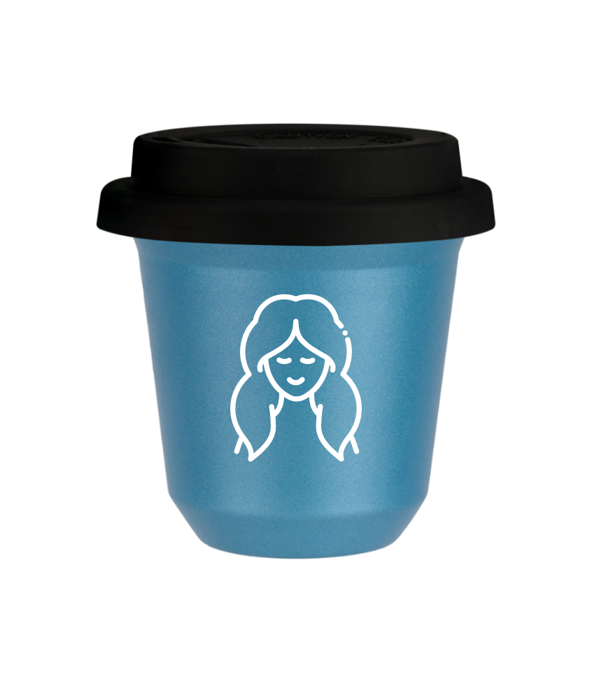 Tasse 80 ml BLEU CLAIR MÉTALLIQUE "Vierge (blanc)", avec couvercle noir
