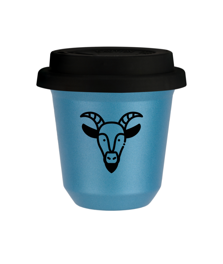 Tasse 80 ml BLEU CLAIR MÉTALLIQUE "Capricorne (noir)", avec couvercle noir Tasse 80 ml BLEU CLAIR MÉTALLIQUE "Capricorne (noir)", avec couvercle noir
