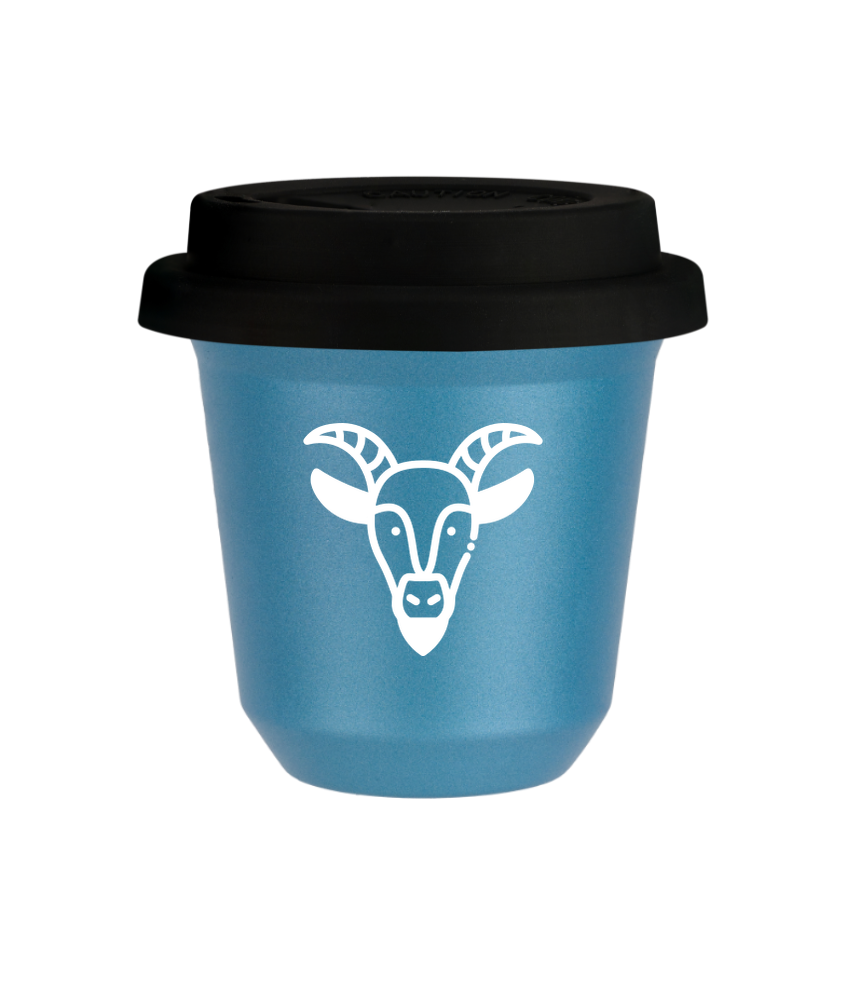 Tasse 80 ml BLEU CLAIR MÉTALLIQUE "Capricorne (blanc)", avec couvercle noir