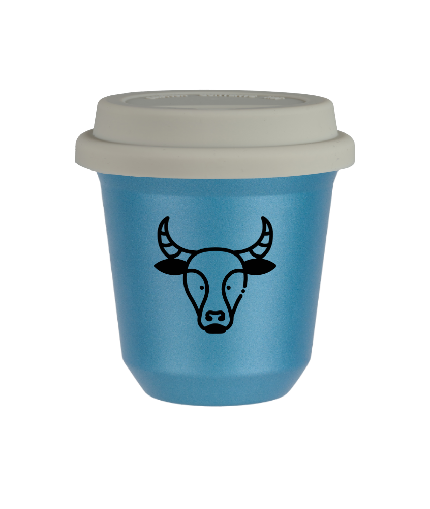 Tasse 80 ml BLEU CLAIR MÉTALLIQUE "Taureau", avec couvercle blanc