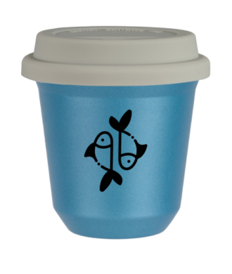 Tasse 80 ml BLEU CLAIR MÉTALLIQUE "Poissons (noir)", avec couvercle blanc Tasse 80 ml BLEU CLAIR MÉTALLIQUE "Poissons (noir)", avec couvercle blanc