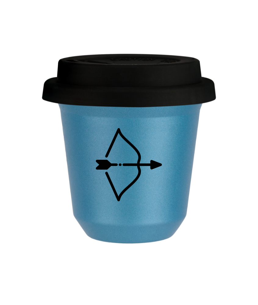 Tasse 80 ml BLEU CLAIR MÉTALLIQUE "Sagittaire", avec couvercle noir Tasse 80 ml BLEU CLAIR MÉTALLIQUE "Sagittaire", avec couvercle noir