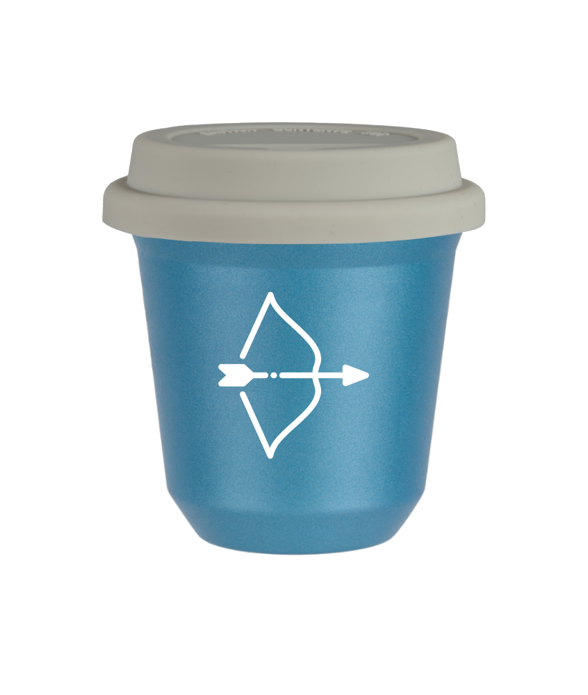 Tasse 80 ml BLEU CLAIR MÉTALLIQUE "Sagittaire (blanc)", avec couvercle blanc