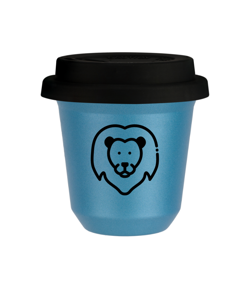 Tasse 80 ml BLEU CLAIR MÉTALLIQUE "Lion (noir)", avec couvercle noir Tasse 80 ml BLEU CLAIR MÉTALLIQUE "Lion (noir)", avec couvercle noir