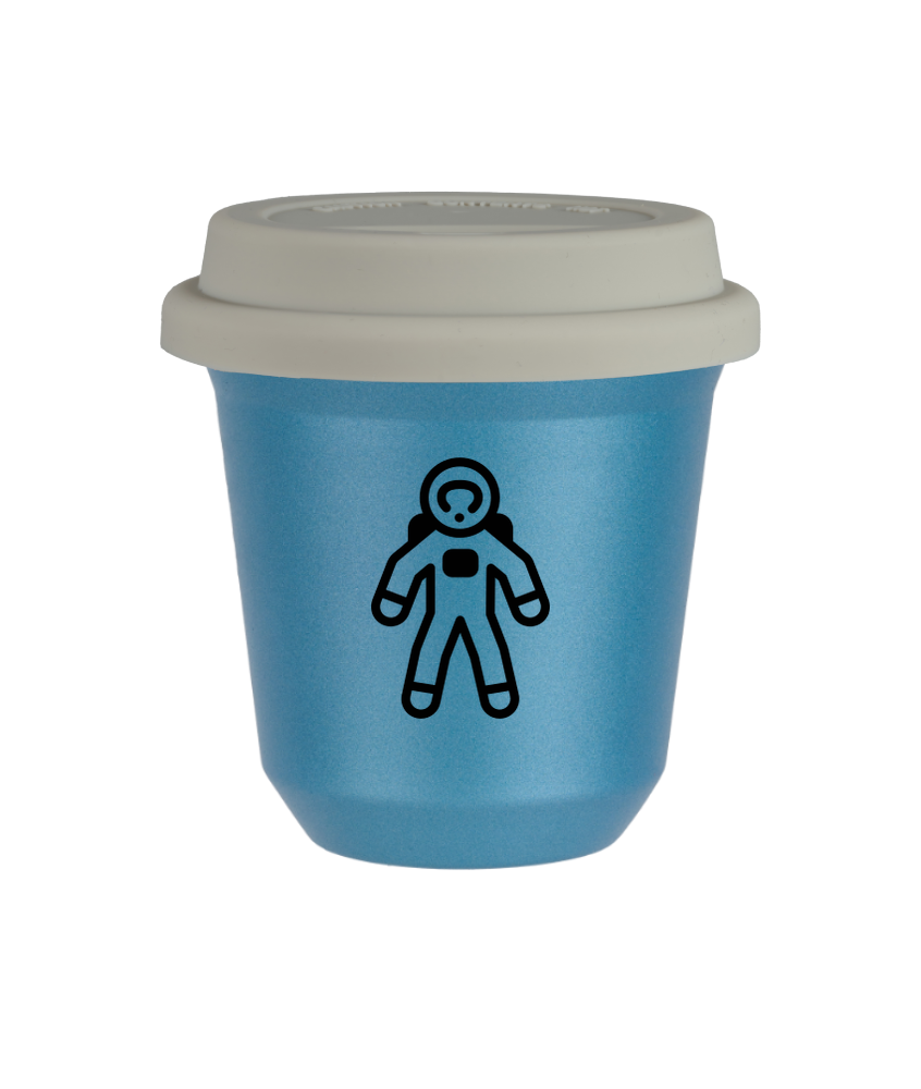 Tasse 80 ml BLEU CLAIR MÉTALLIQUE "Astronaute", avec couvercle blanc Tasse 80 ml BLEU CLAIR MÉTALLIQUE "Astronaute", avec couvercle blanc