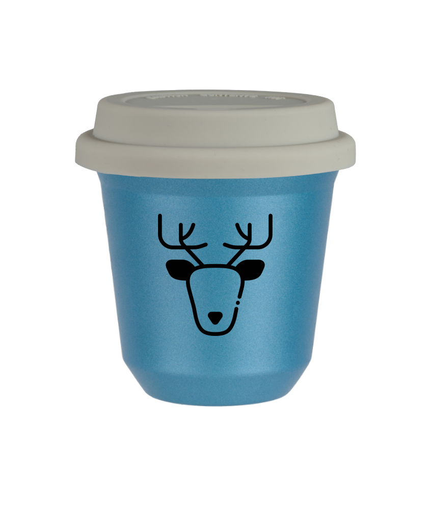 Tasse 80 ml BLEU CLAIR MÉTALLIQUE "Renne", avec couvercle blanc Tasse 80 ml BLEU CLAIR MÉTALLIQUE "Renne", avec couvercle blanc