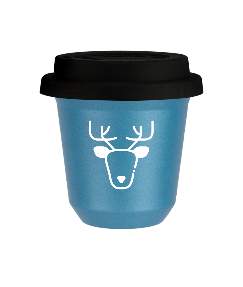 Tasse 80 ml BLEU CLAIR MÉTALLIQUE "Renne (blanc)", avec couvercle noir Tasse 80 ml BLEU CLAIR MÉTALLIQUE "Renne (blanc)", avec couvercle noir