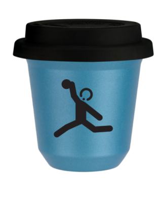 Tasse 80 ml BLEU CLAIR MÉTALLIQUE "Lancer du disque", avec couvercle noir Tasse 80 ml BLEU CLAIR MÉTALLIQUE "Lancer du disque", avec couvercle noir