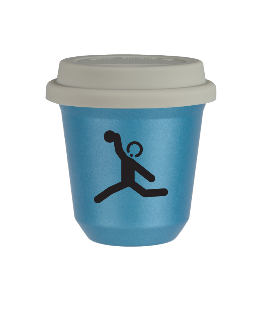 Tasse 80 ml BLEU CLAIR MÉTALLIQUE "Lancer du disque (noir)", avec couvercle blanc