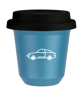 Tasse 80 ml BLEU CLAIR MÉTALLIQUE "Voiture (blanc)", avec couvercle noir Tasse 80 ml BLEU CLAIR MÉTALLIQUE "Voiture (blanc)", avec couvercle noir