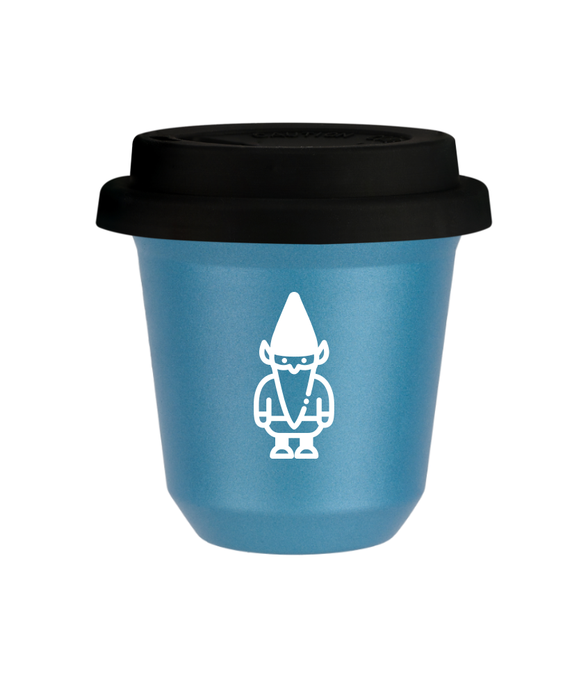 Tasse 80 ml BLEU CLAIR MÉTALLIQUE "Nain 2 (blanc)", avec couvercle noir Tasse 80 ml BLEU CLAIR MÉTALLIQUE "Nain 2 (blanc)", avec couvercle noir