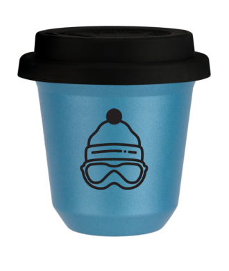 Tasse 80 ml BLEU CLAIR MÉTALLIQUE "Casquette", avec couvercle noir Tasse 80 ml BLEU CLAIR MÉTALLIQUE "Casquette", avec couvercle noir