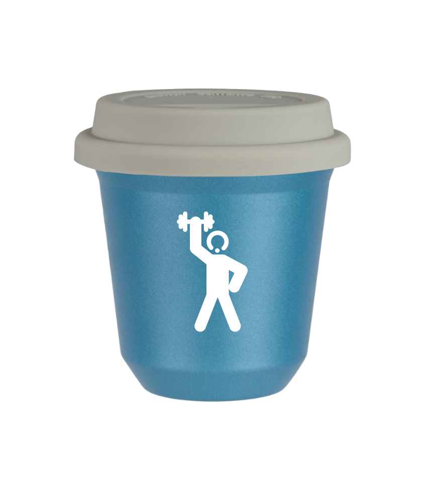 Tasse 80 ml BLEU CLAIR MÉTALLIQUE "Homme fort 2 (blanc)", avec couvercle blanc Tasse 80 ml BLEU CLAIR MÉTALLIQUE "Homme fort 2 (blanc)", avec couvercle blanc