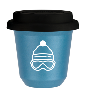 Tasse 80 ml BLEU CLAIR MÉTALLIQUE "Casquette (blanc)", avec couvercle noir Tasse 80 ml BLEU CLAIR MÉTALLIQUE "Casquette (blanc)", avec couvercle noir