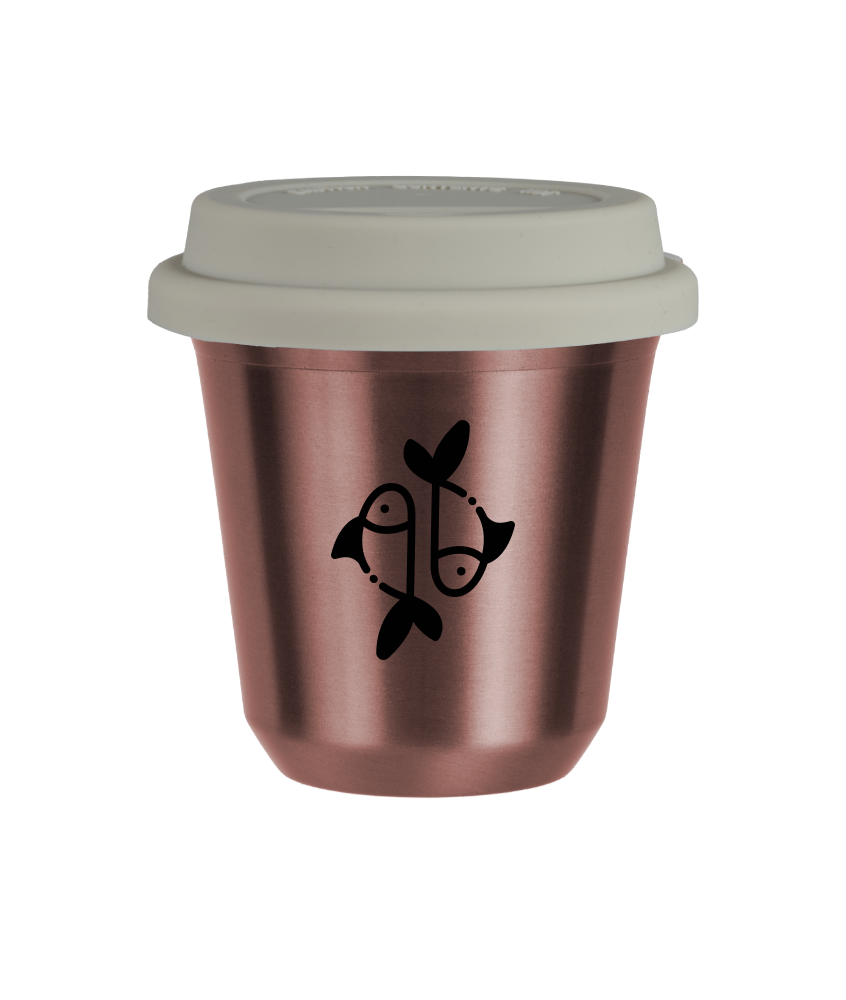 Tasse 80 ml OR ROSE "Poissons (noir)", avec couvercle blanc Tasse 80 ml OR ROSE "Poissons (noir)", avec couvercle blanc
