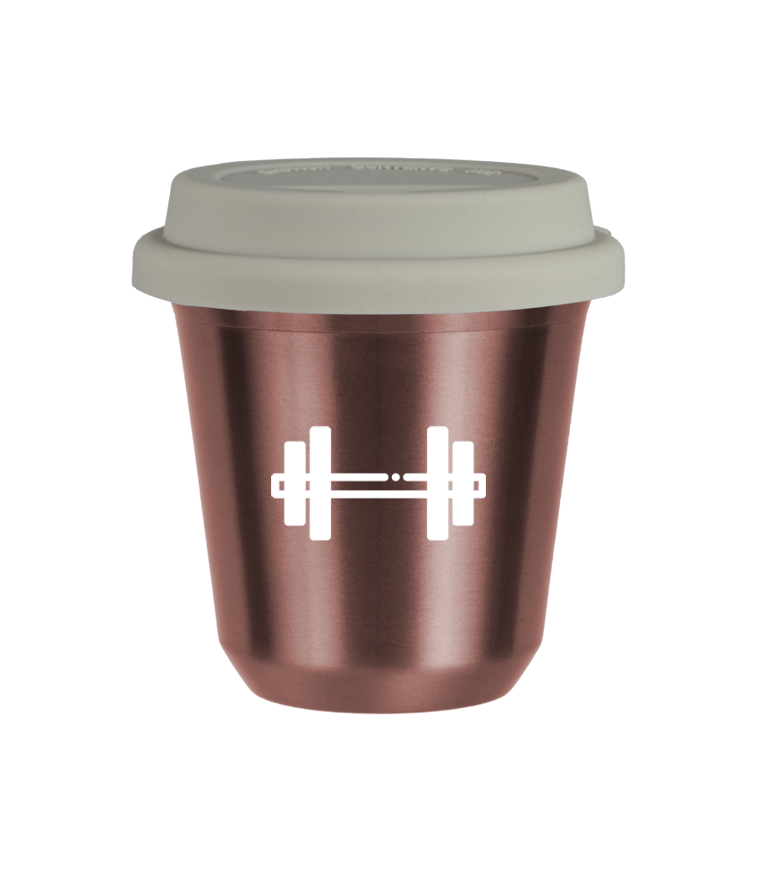 Tasse 80 ml OR ROSE "Haltère (blanc)", avec couvercle blanc Tasse 80 ml OR ROSE "Haltère (blanc)", avec couvercle blanc