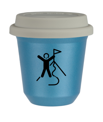 Tasse 80 ml BLEU CLAIR MÉTALLIQUE "Escalade 1 (noir)", avec couvercle blanc Tasse 80 ml BLEU CLAIR MÉTALLIQUE "Escalade 1 (noir)", avec couvercle blanc