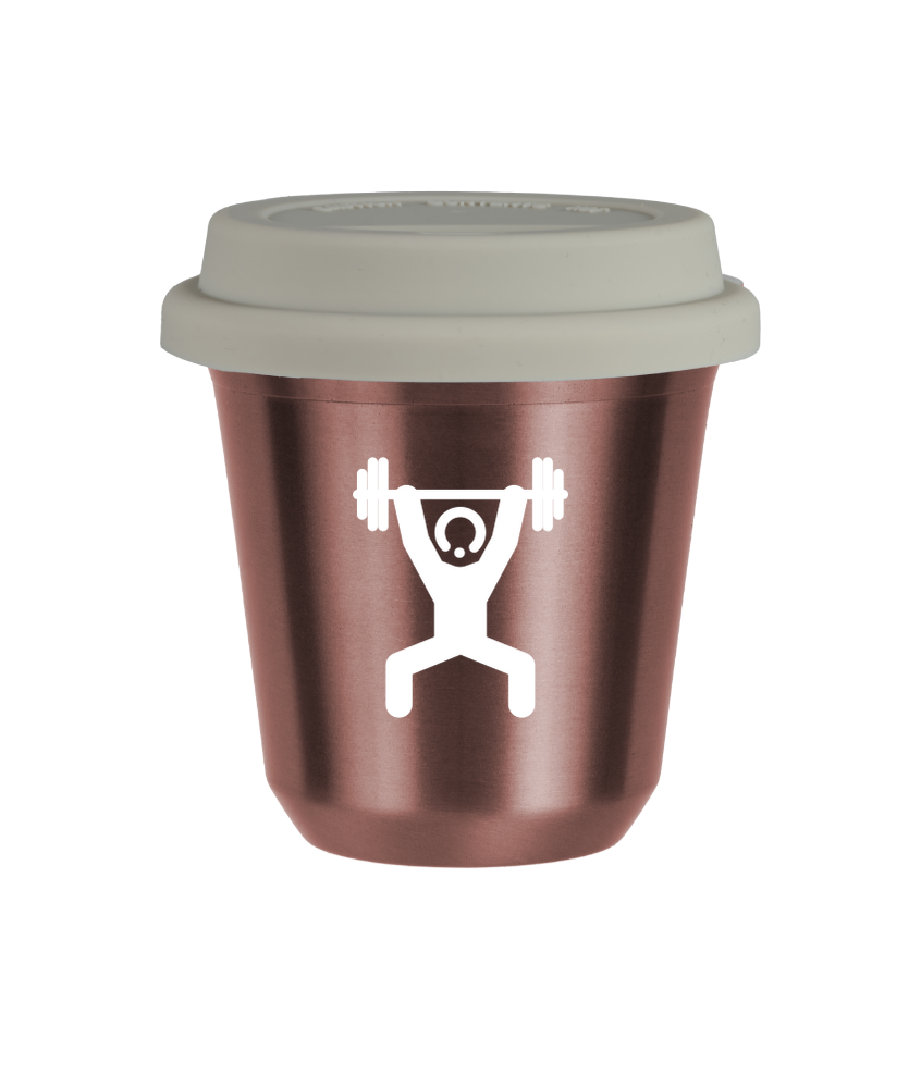 Tasse 80 ml OR ROSE "Homme fort 1 (blanc)", avec couvercle blanc Tasse 80 ml OR ROSE "Homme fort 1 (blanc)", avec couvercle blanc