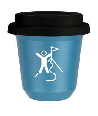 Tasse 80 ml BLEU CLAIR MÉTALLIQUE "Escalade 1 (blanc)", avec couvercle noir Tasse 80 ml BLEU CLAIR MÉTALLIQUE "Escalade 1 (blanc)", avec couvercle noir