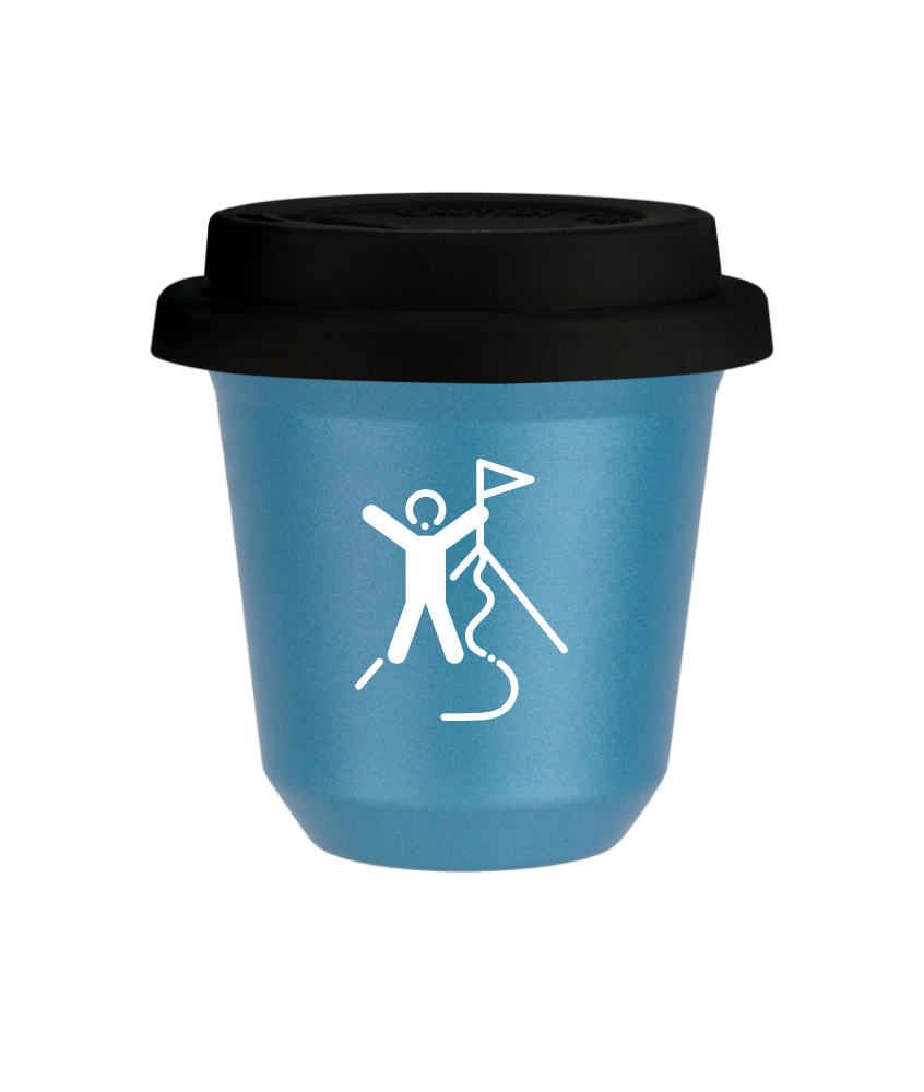 Tasse 80 ml BLEU CLAIR MÉTALLIQUE "Escalade 1 (blanc)", avec couvercle noir