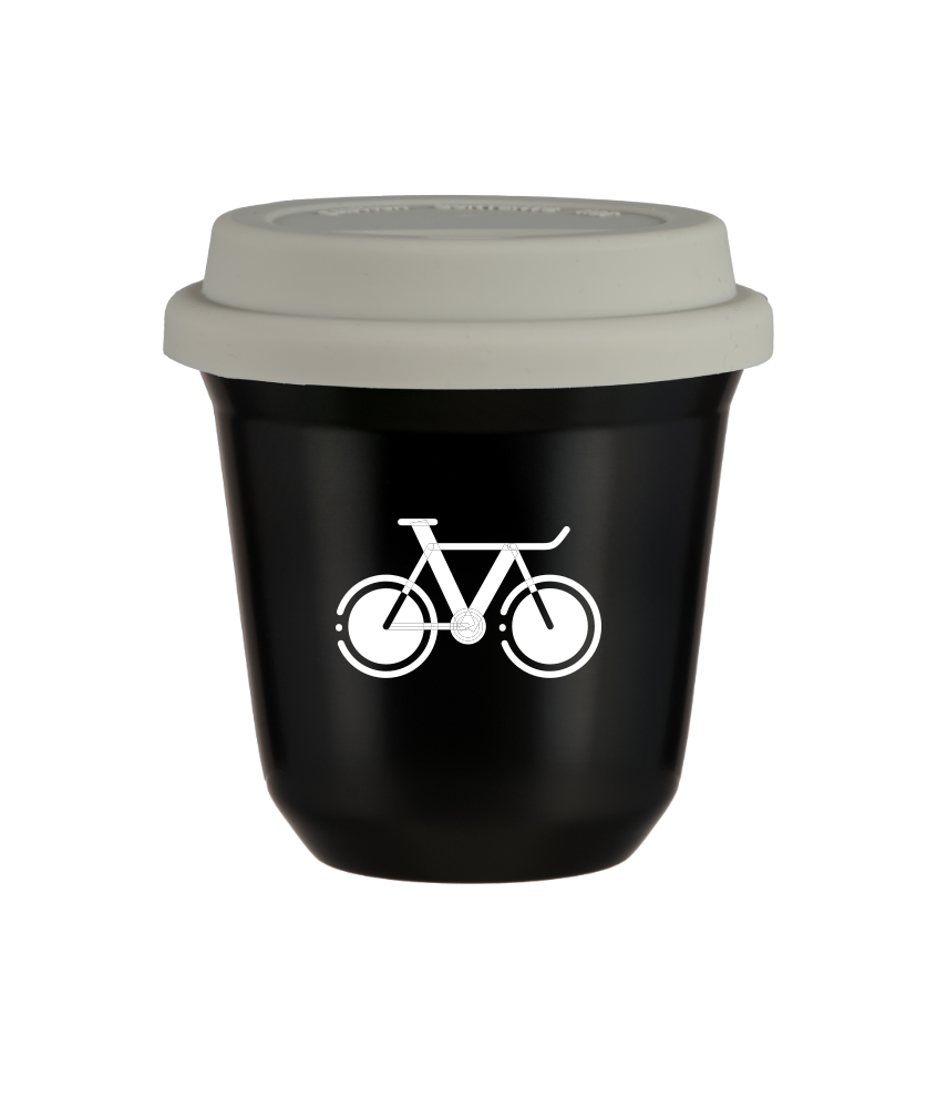 Tasse 80 ml NOIR "Vélo 1 (blanc)", avec couvercle blanc