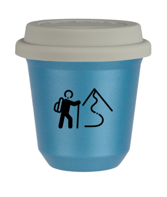 Tasse 80 ml BLEU CLAIR MÉTALLIQUE "Escalade 2 (noir)", avec couvercle blanc Tasse 80 ml BLEU CLAIR MÉTALLIQUE "Escalade 2 (noir)", avec couvercle blanc