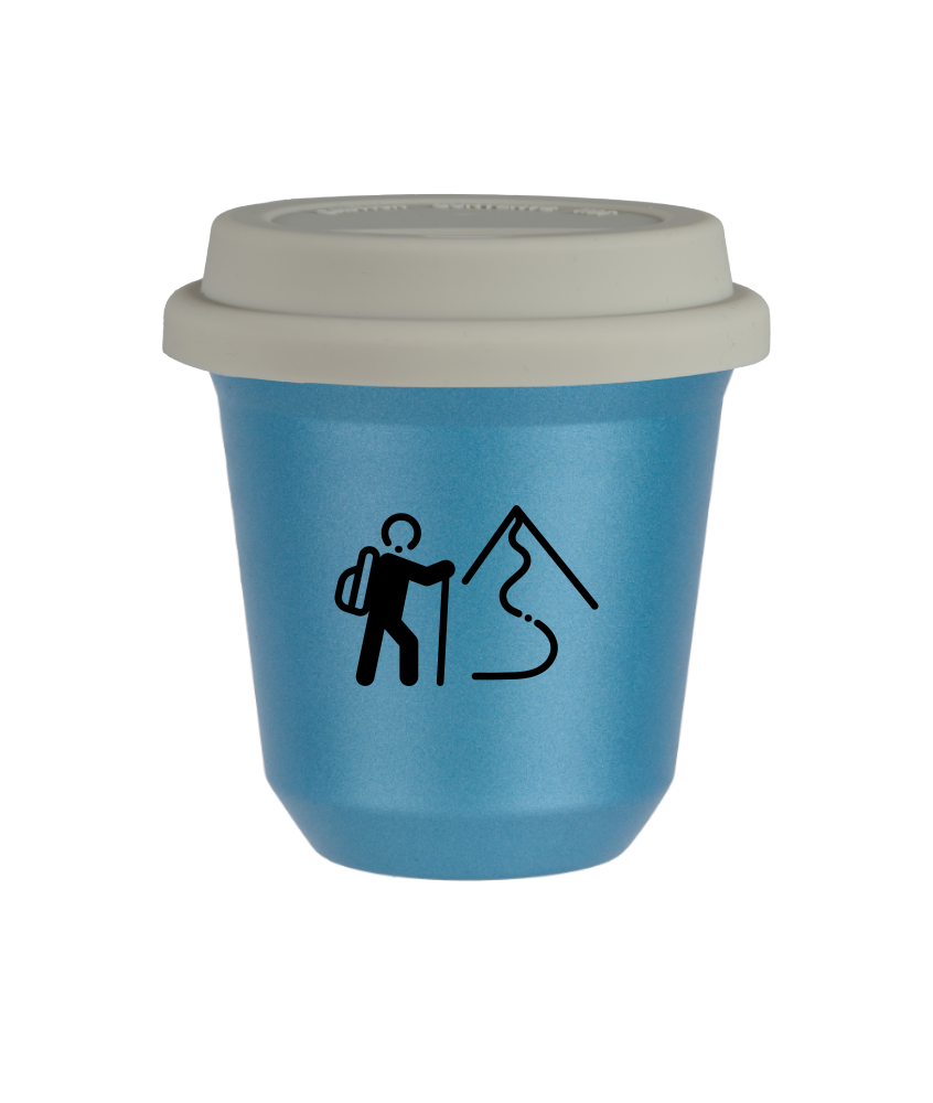 Tasse 80 ml BLEU CLAIR MÉTALLIQUE "Escalade 2 (noir)", avec couvercle blanc