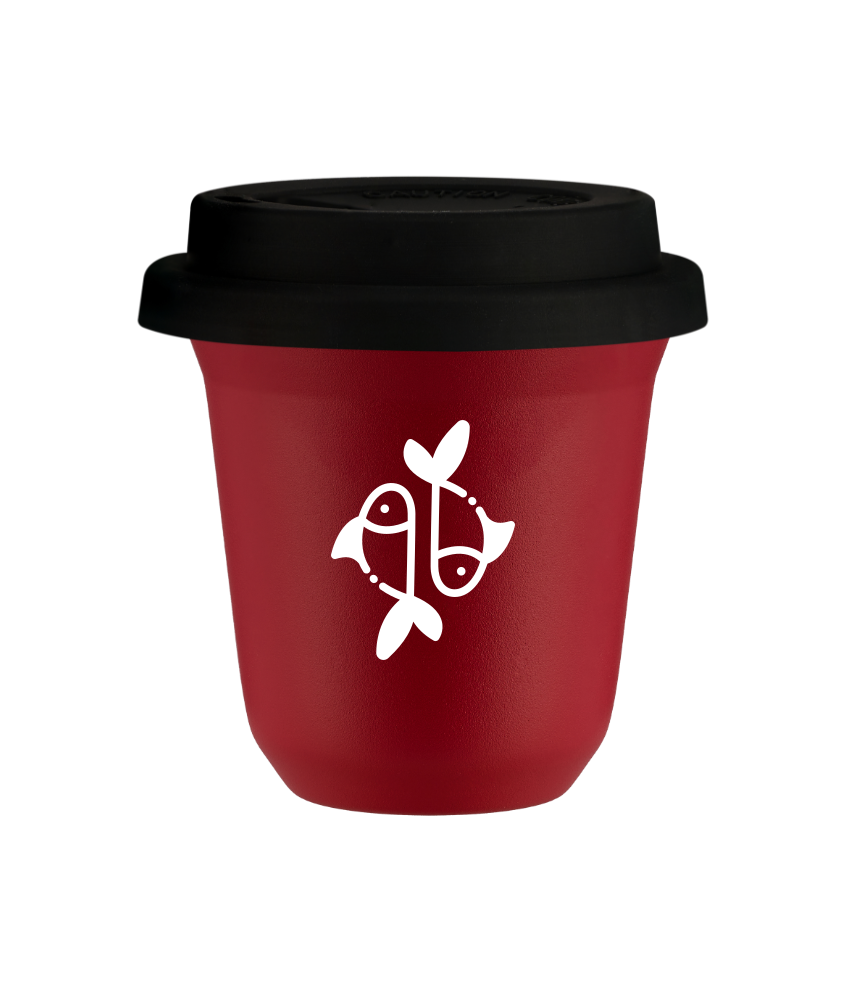 Tasse 80 ml ROUGE "Poissons (blanc)", avec couvercle noir Tasse 80 ml ROUGE "Poissons (blanc)", avec couvercle noir