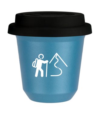 Tasse 80 ml BLEU CLAIR MÉTALLIQUE "Escalade 2 (blanc)", avec couvercle noir Tasse 80 ml BLEU CLAIR MÉTALLIQUE "Escalade 2 (blanc)", avec couvercle noir