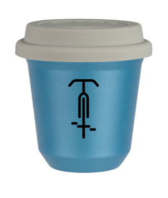 Tasse 80 ml BLEU CLAIR MÉTALLIQUE "Cyclisme 1 (noir)", avec couvercle blanc Tasse 80 ml BLEU CLAIR MÉTALLIQUE "Cyclisme 1 (noir)", avec couvercle blanc