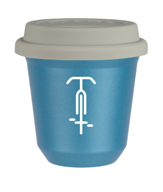 Tasse 80 ml BLEU CLAIR MÉTALLIQUE "Cyclisme 1 (blanc)", avec couvercle blanc Tasse 80 ml BLEU CLAIR MÉTALLIQUE "Cyclisme 1 (blanc)", avec couvercle blanc