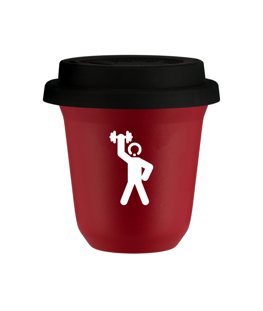 Tasse 80 ml ROUGE "Homme fort 2 (blanc)", avec couvercle noir Tasse 80 ml ROUGE "Homme fort 2 (blanc)", avec couvercle noir