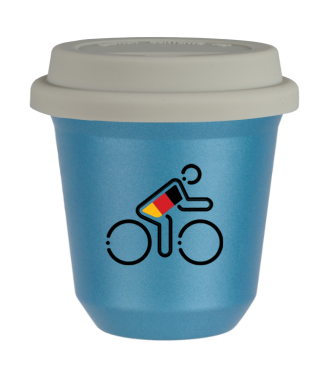 Tasse 80 ml BLEU CLAIR MÉTALLIQUE "Cycliste aux couleurs allemandes (noir)", avec couvercle blanc Tasse 80 ml BLEU CLAIR MÉTALLIQUE "Cycliste aux couleurs allemandes (noir)", avec couvercle blanc