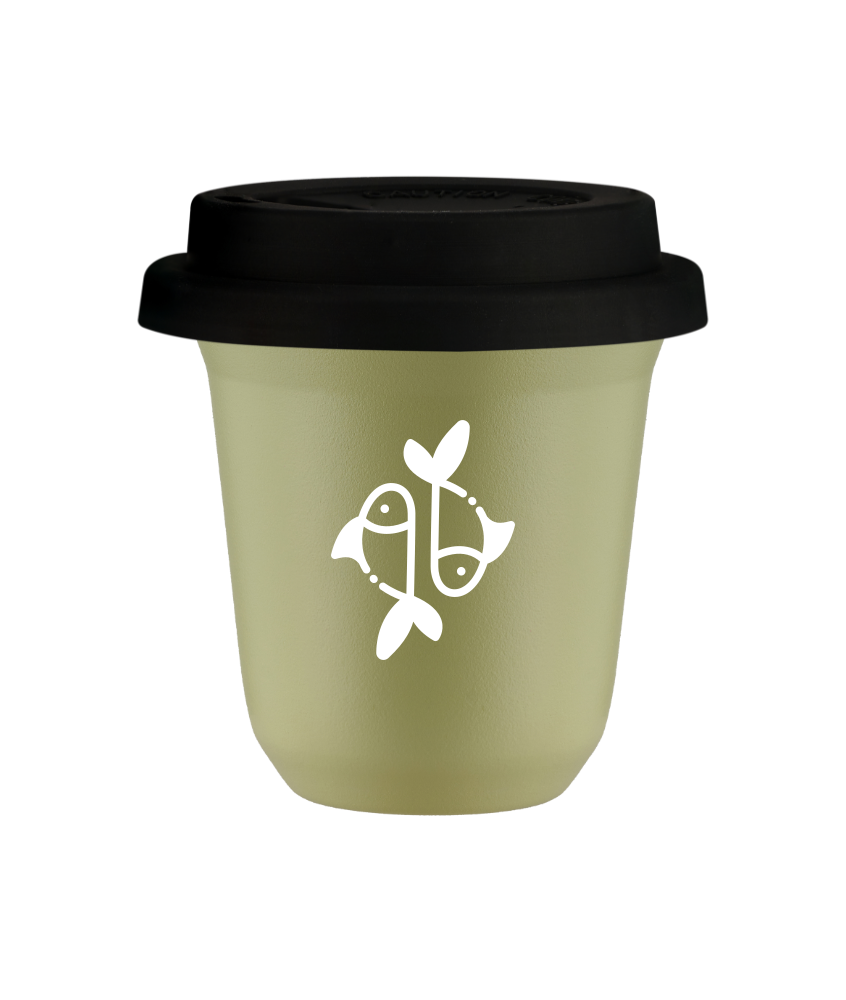 Tasse 80 ml PISTACHE "Poissons (blanc)", avec couvercle noir Tasse 80 ml PISTACHE "Poissons (blanc)", avec couvercle noir