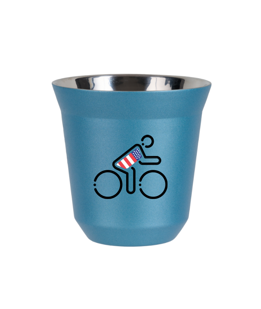Tasse 80 ml BLEU CLAIR MÉTALLIQUE "Cycliste aux couleurs britanniques (noir)"