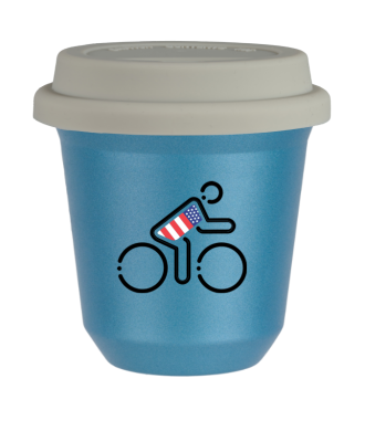 Tasse 80 ml BLEU CLAIR MÉTALLIQUE "Cycliste aux couleurs britanniques (noir)", avec couvercle blanc Tasse 80 ml BLEU CLAIR MÉTALLIQUE "Cycliste aux couleurs britanniques (noir)", avec couvercle blanc