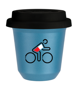 Tasse 80 ml BLEU CLAIR MÉTALLIQUE "Cycliste aux couleurs polonaises (noir)", avec couvercle noir Tasse 80 ml BLEU CLAIR MÉTALLIQUE "Cycliste aux couleurs polonaises (noir)", avec couvercle noir